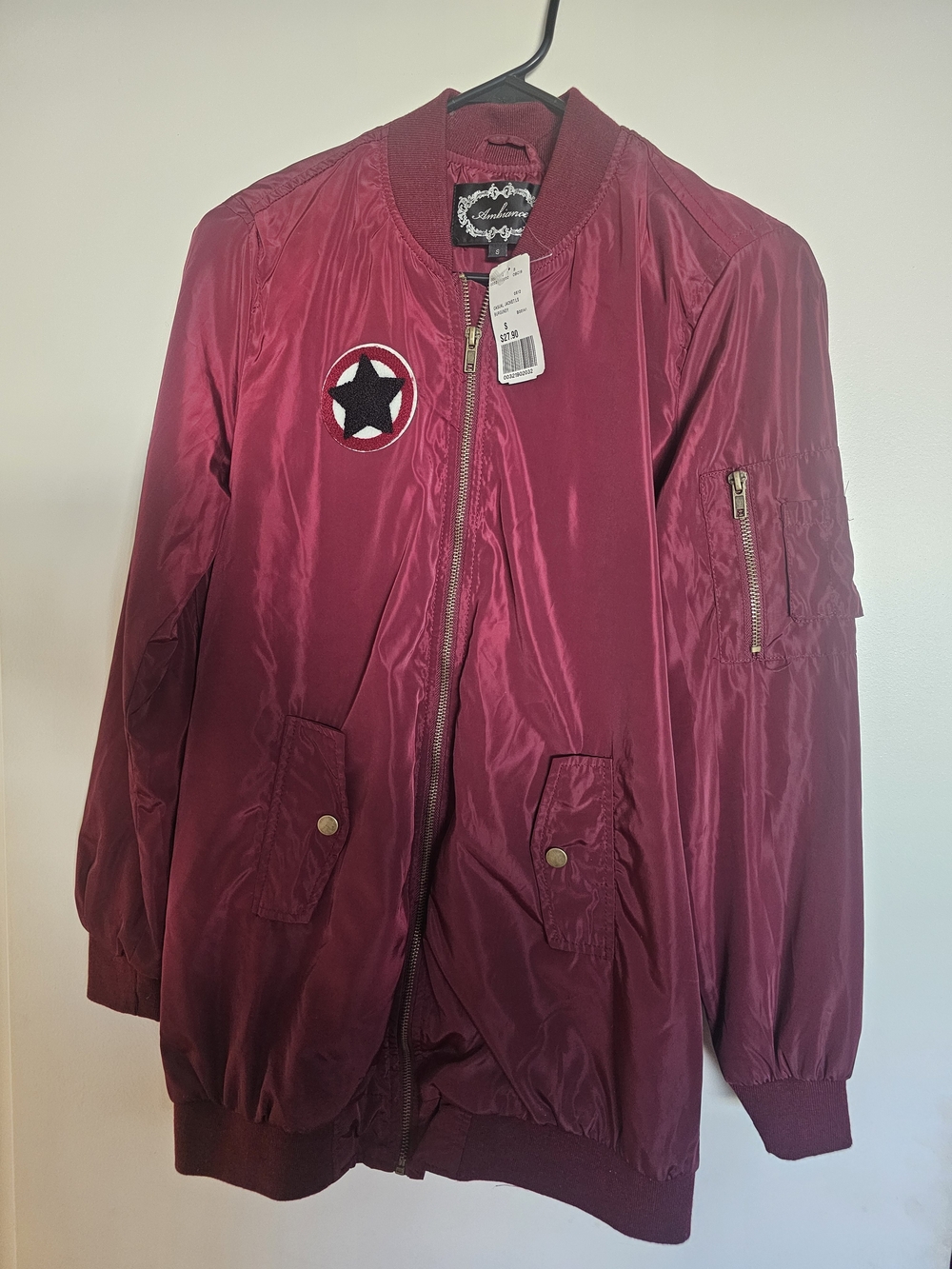 Ambiance Wine Red Satin Bomber with Star Patch